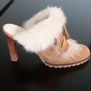Coach Fur Trimmed Suede Laced Clogs Sz 7.5
